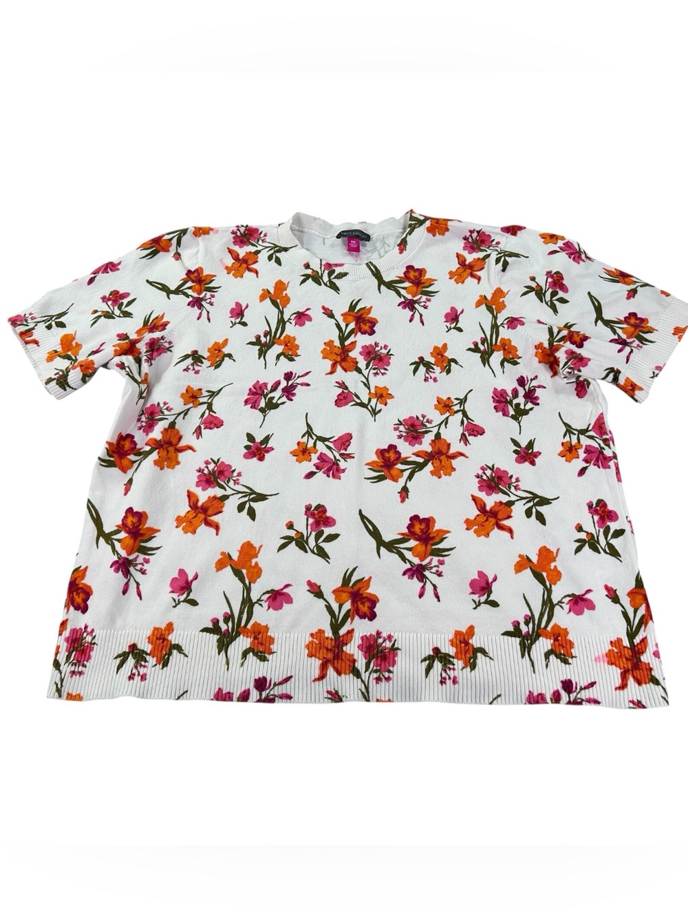 Vince Camuto Floral Short Sleeve Sweater Women’s XXL Cotton Knit Eclectic Prep